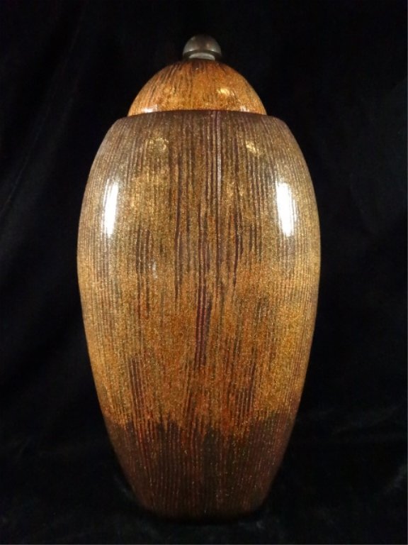 LARGE POTTERY URN WITH LID, METALLIC FINISH, APPROX (1 of 7)
