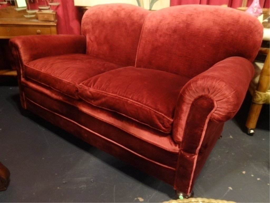 ANTIQUE VICTORIAN RED VELVET SOFA WITH RECLINING ARM, (1 of 6)