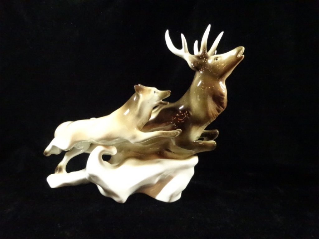 ROYAL DUX PORCELAIN STAG DEER & WOLF FIGURINE, APPROX: ROYAL DUX PORCELAIN STAG DEER & WOLF FIGURINE, APPROX 8.75" X 10.5"