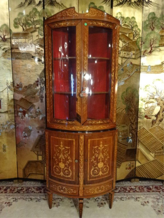MARQUETRY CORNER VITRINE CABINET, INLAID WOOD VENEERS, (1 of 7)