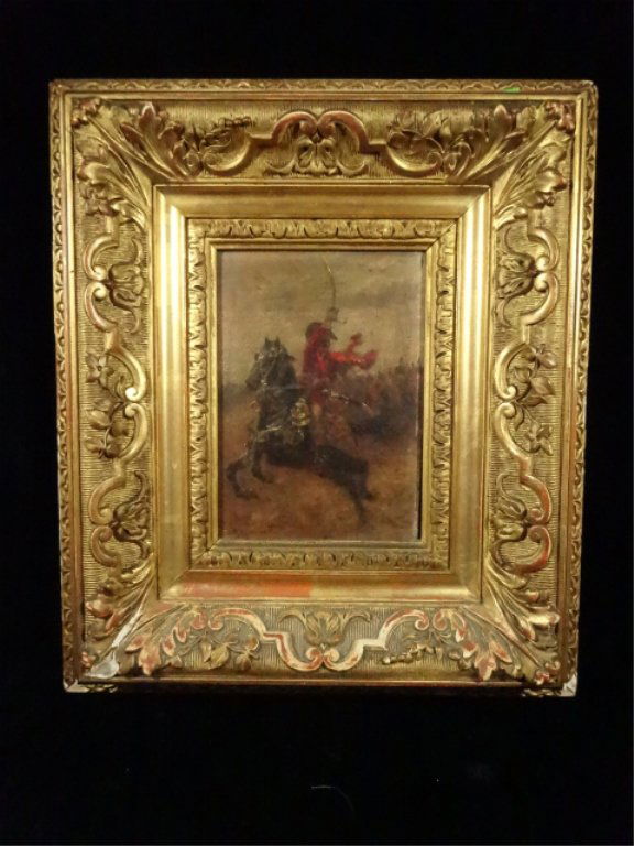 ANTIQUE PAINTING ON BOARD, HORSEMAN WITH SWORD, SIGNED (1 of 6)