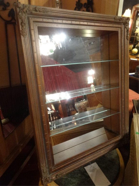 WALL CURIO SHELF WITH GILT FRAME, MIRRORED BACK, GLASS (1 of 4)