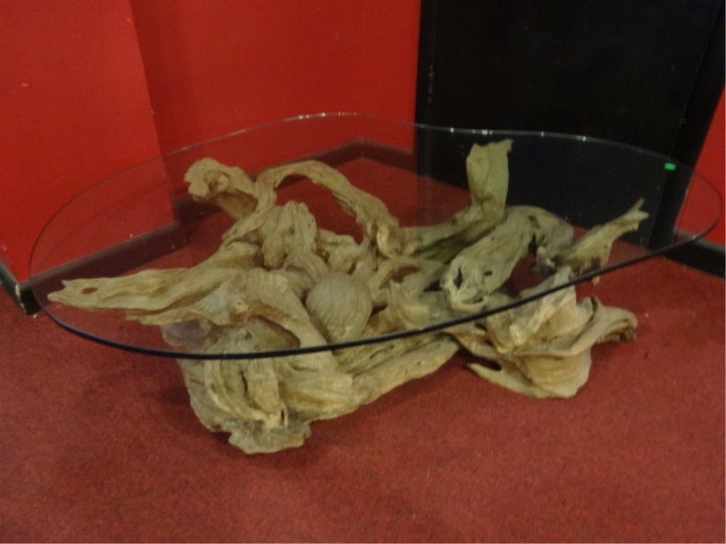 VINTAGE DRIFTWOOD TABLE, WITH ASYMMETRICAL GLASS TOP, (1 of 6)