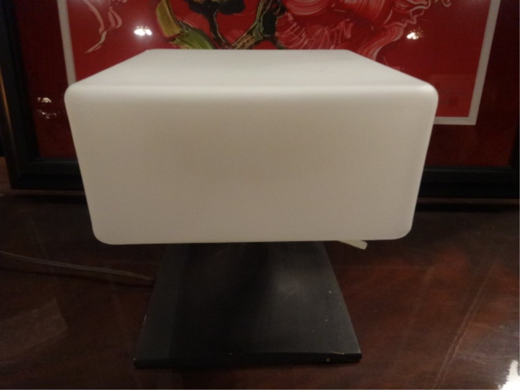 1970's SQUARE FORM LAUREL LAMP, ITALIAN HAND BLOWN: 1970's SQUARE FORM LAUREL LAMP, ITALIAN HAND BLOWN WHITE GLASS SHADE, BLACK FINISH METAL BASE, MODEL 6083, LABELED, EXCELLENT GENTLY USED VINTAGE CONDITION, 8"H X 7.5"W, SKU469.24