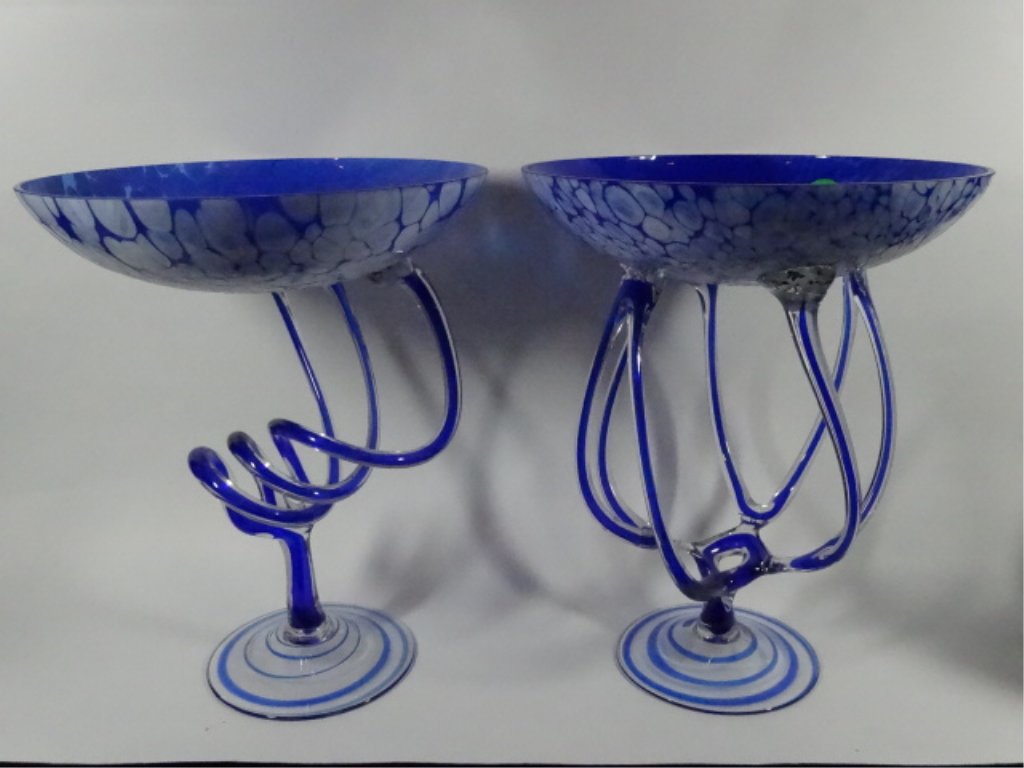 PAIR MURANO STYLE ART GLASS PEDESTAL BOWLS, BLUE GLASS, (1 of 3)