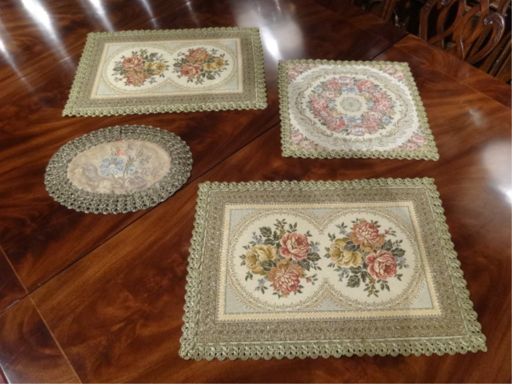 4 NEEDLEWORK TABLE LINENS WITH FLORALS AND GOLD: 4 NEEDLEWORK TABLE LINENS WITH FLORALS AND GOLD METALLIC THREAD, LARGEST 19"W, SMALLEST IS 12"W