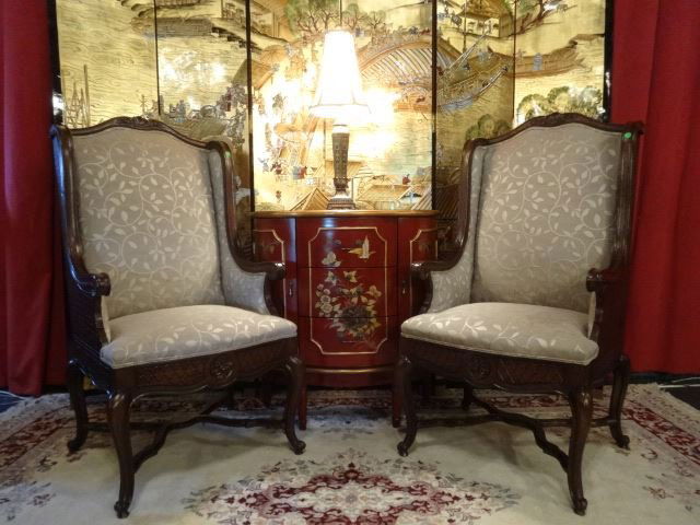 PAIR FRENCH STYLE WING CHAIRS, GRAY SILK UPHOLSTERY, (1 of 10)