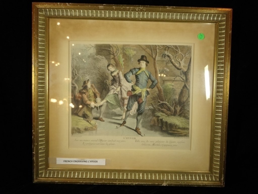FRENCH ENGRAVING "L'HYVER", ICE SKATING SCENE, APPROX (1 of 10)