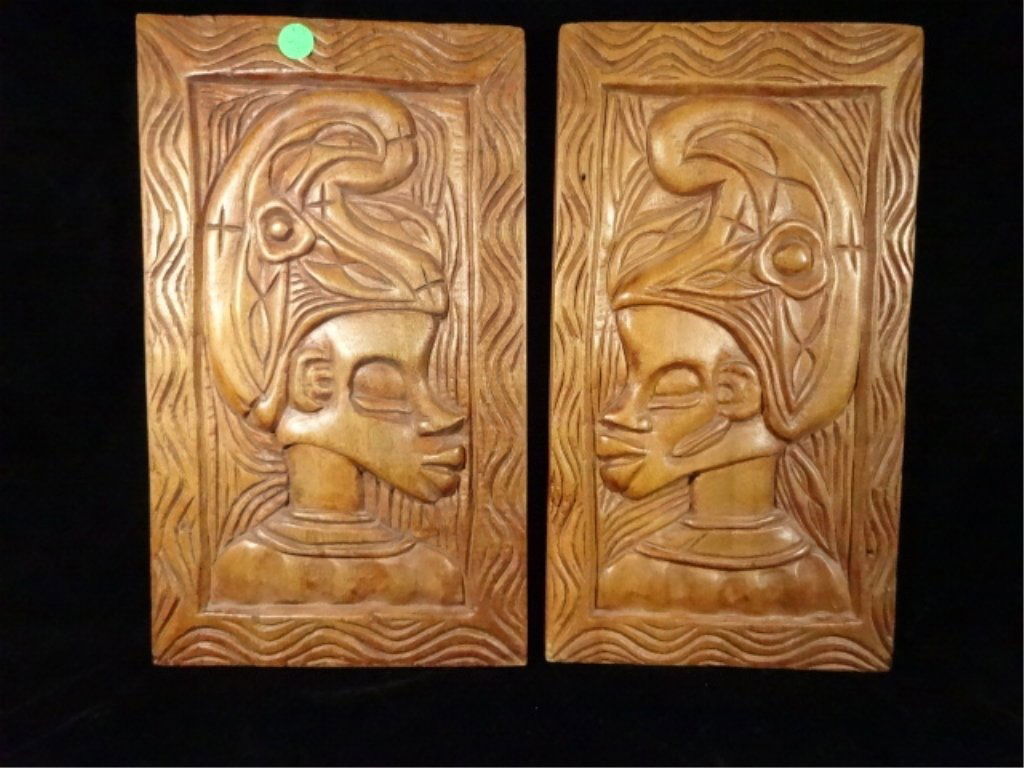 2 AFRICAN CARVED WOOD PLAQUES, APPROX 14 1/8" X 7 7/8", (1 of 4)