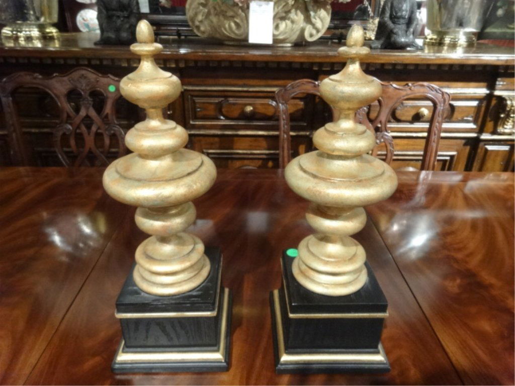 PAIR GILT WOOD FINIALS TABLE TOP DECOR, ON BLACK FINISH (1 of 5)