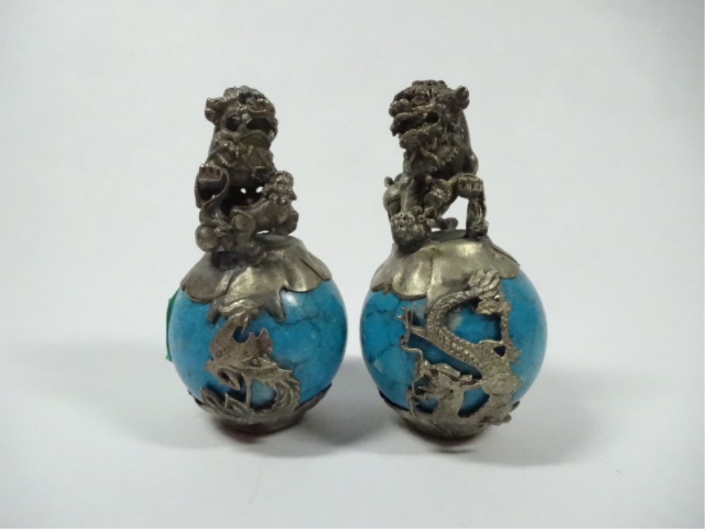 PAIR SILVER METAL FOO DOGS ON ROUND TURQUOISE BASES, (1 of 6)