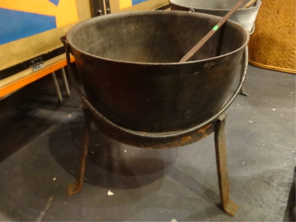 LARGE ANTIQUE CAST IRON CAULDRON ON 3 FT STAND, WITH