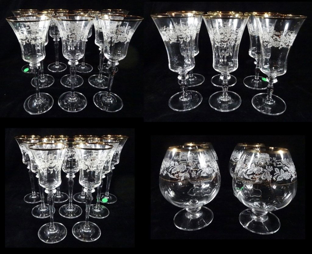 29 PC CRYSTAL STEMWARE, GOLD TRIM & WHITE FLORAL (1 of 10)
