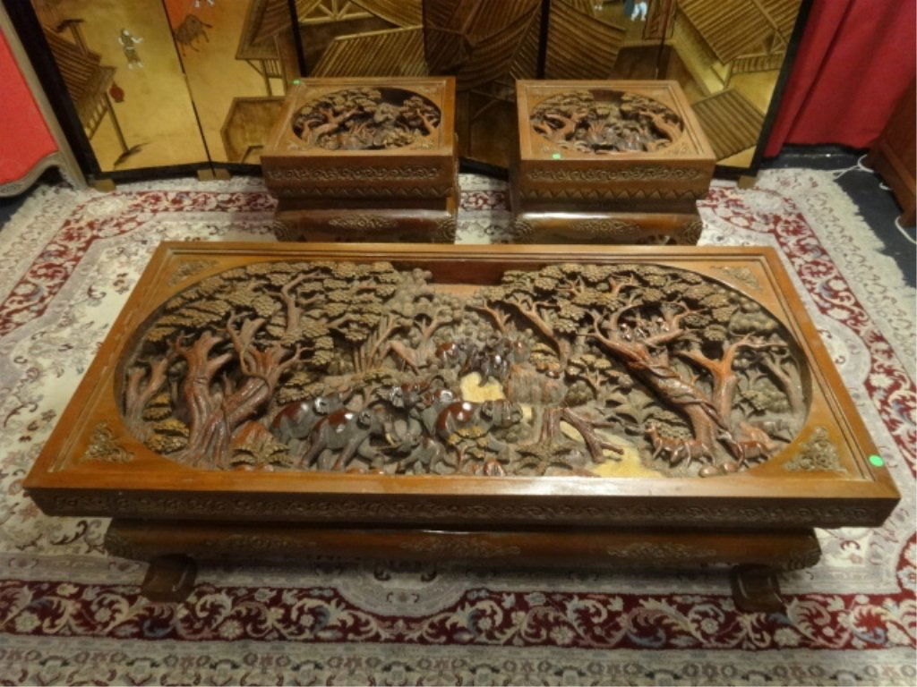 3 PC SET VIETNAMESE CARVED WOOD TABLES, 2 END TABLES (1 of 10)