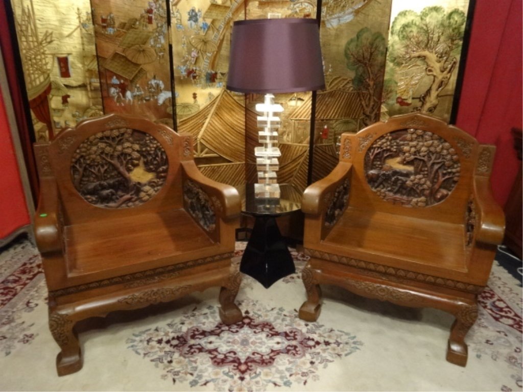 PAIR VIETNAMESE CARVED WOOD ARMCHAIRS, HIGH RELIEF: PAIR VIETNAMESE CARVED WOOD ARMCHAIRS, HIGH RELIEF CARVED BACKS AND ARMS WITH ELEPHANTS AND LANDSCAPES, EACH DIFFERENT, VERY SOLID VINTAGE CONDITION WITH A COUPLE OF CHIPS TO CARVINGS, SKU469.01
