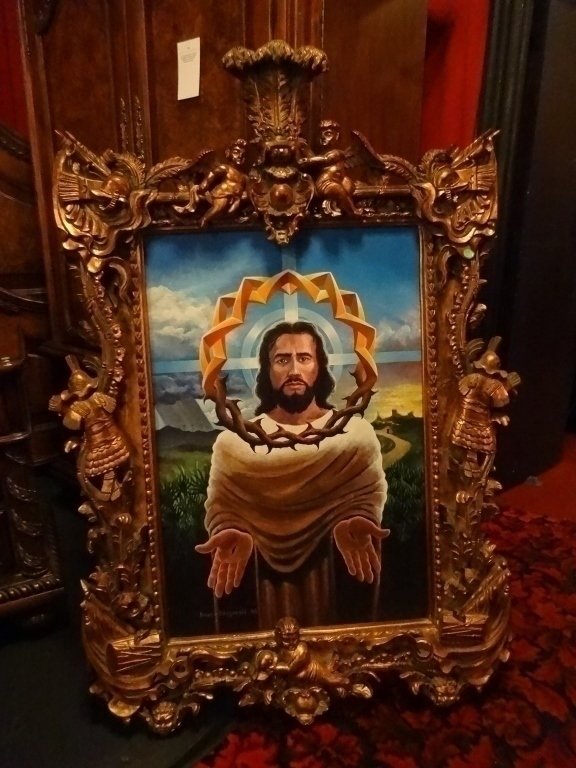 BRIAN D. FITZGERALD PAINTING ON CANVAS, JESUS, SIGNED: BRIAN D. FITZGERALD PAINTING ON CANVAS, JESUS, SIGNED LOWER RIGHT & DATED '96, IN ORNATE FRAME, FRAMED SIZE APPROX 58" X 37", SKU298.06