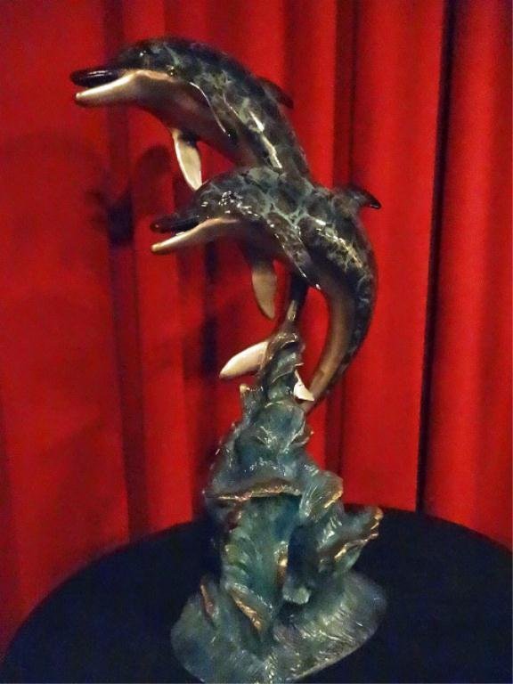 LARGE PATINATED BRONZE DOLPHINS SCULPTURE, 2 LEAPING (1 of 6)