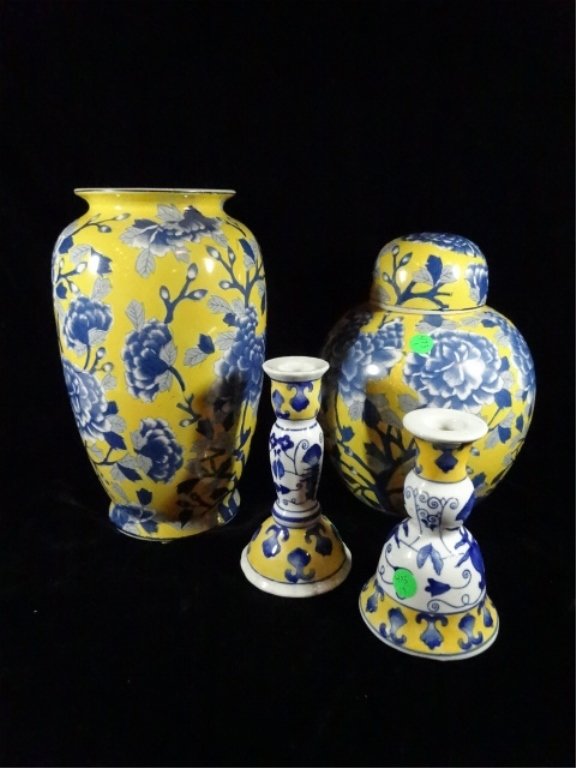 4 PC YELLOW, BLUE & WHITE PORCELAIN, INCLUDES VASE, (1 of 4)