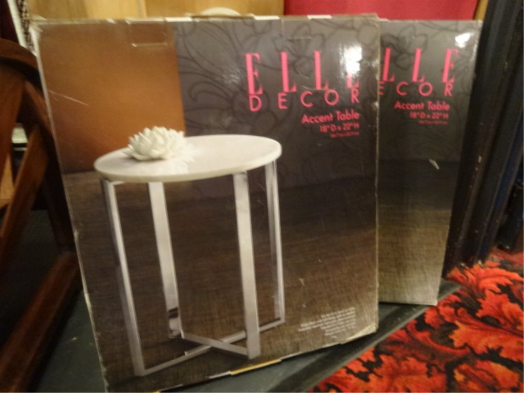 PAIR ELLE DECORE MARBLE AND CHROME TABLES, NEW IN (1 of 5)