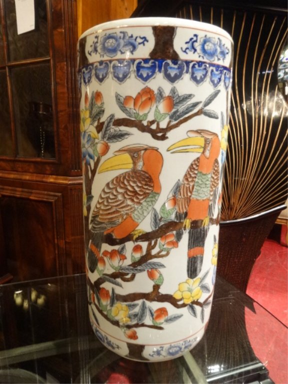 CHINESE PORCELAIN UMBRELLA STAND WITH PAINTED BIRDS,: CHINESE PORCELAIN UMBRELLA STAND WITH PAINTED BIRDS, APPROX 24"H, SKU496.05