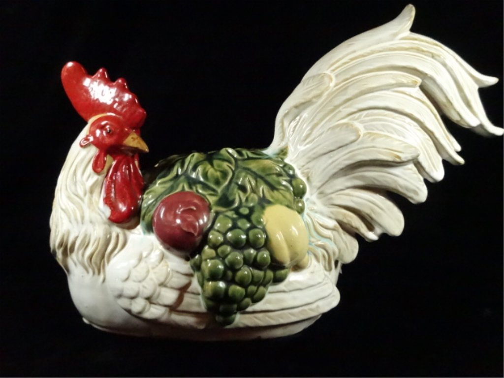LARGE ROOSTER SCULPTURE, WHITE WITH FRUIT, CERAMIC, (1 of 5)