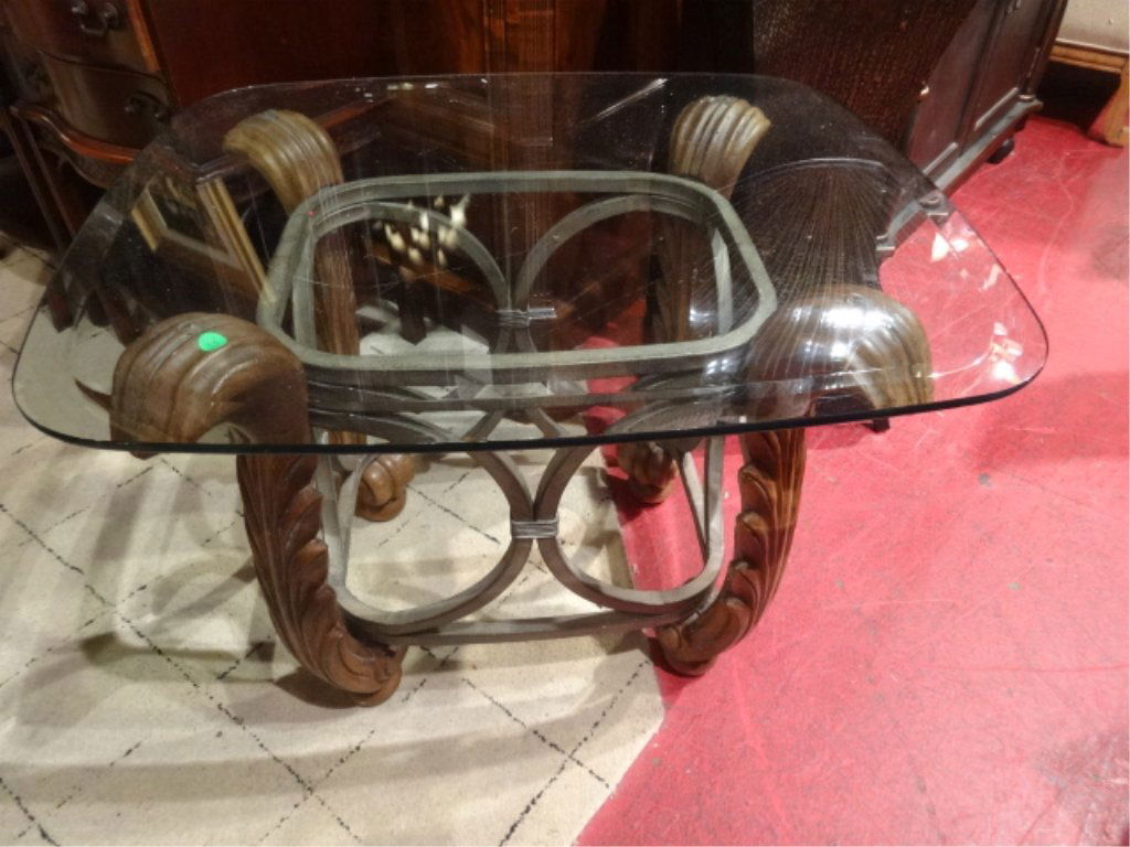 ACANTHUS LEAF WOOD AND METAL SIDE TABLE, GLASS TOP, (1 of 4)