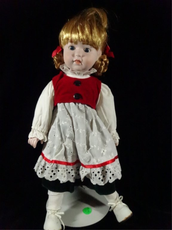 COLLECTIBLE DOLL, WHITE DRESS WITH RED VEST, APPROX: COLLECTIBLE DOLL, WHITE DRESS WITH RED VEST, APPROX 16"H, STAND INCLUDED