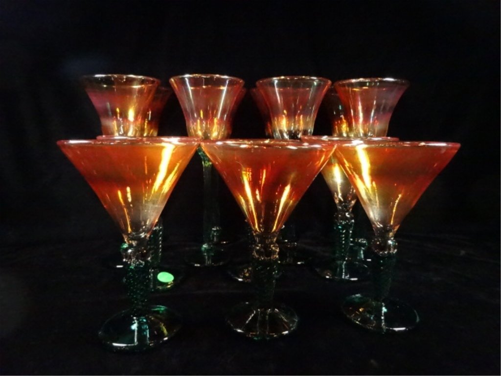 14 STEMWARE GLASSES, IRIDESCENT ORANGE GLASS WITH GREEN: 14 STEMWARE GLASSES, IRIDESCENT ORANGE GLASS WITH GREEN STEMS, INCLUDES 8 10"H WINE GLASSES & 6 7"H MARTINI GLASSES
