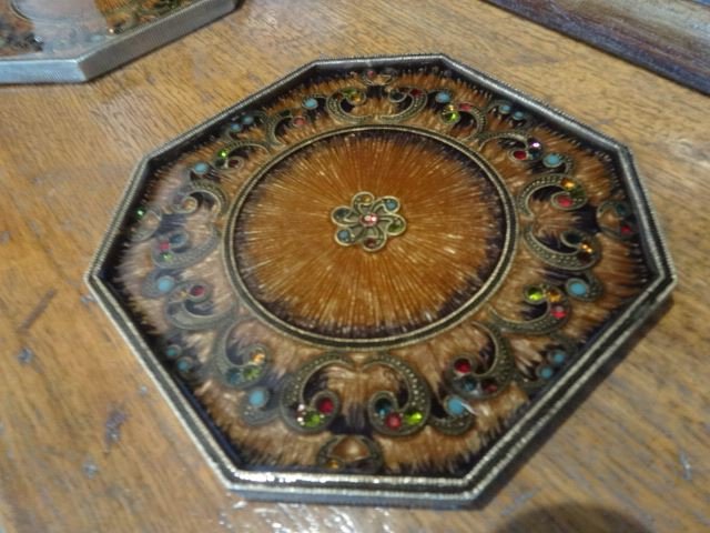 SET OF 8 COASTERS WITH JEWELED ACCENTS, EACH APPROX 5"W: SET OF 8 COASTERS WITH JEWELED ACCENTS, EACH APPROX 5"W