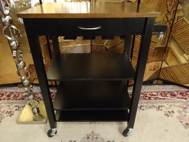 CONTEMPORARY SERVING CART WITH STEMWARE RACK, ON: CONTEMPORARY SERVING CART WITH STEMWARE RACK, ON CASTERS, SINGLE DRAWER, BLACK FINISH WITH NATURAL WOOD TOP, APPROX 2.5'W, SKU456
