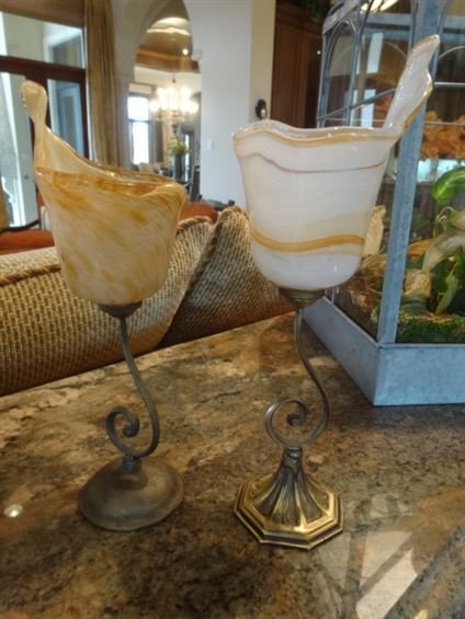 2 PC ART GLASS AND METAL CANDLE HOLDERS, ORANGE AND (1 of 4)