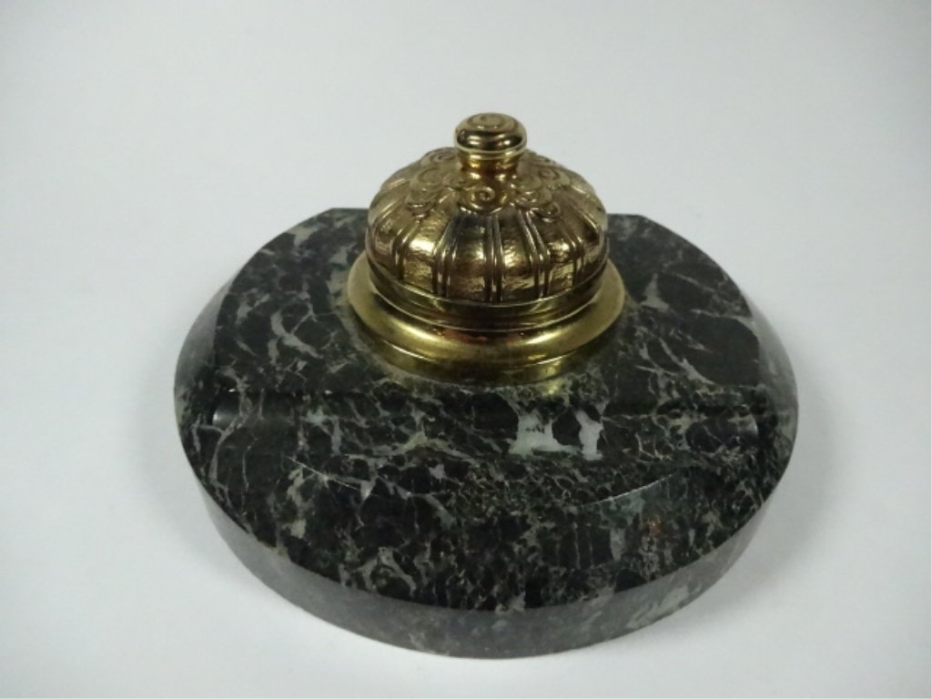 INKWELL WITH GREEN MARBLE BASE, CHIPS TO EDGE OF GLASS (1 of 8)