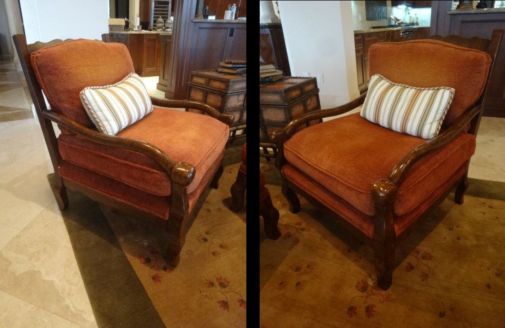 PAIR CONTEMPORARY ARMCHAIRS, WOOD FRAMES, CHENILLE RUST (1 of 4)