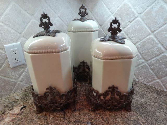 3 PC PORCELAIN AND METAL CANISTER SET WITH ORNATE METAL (1 of 4)