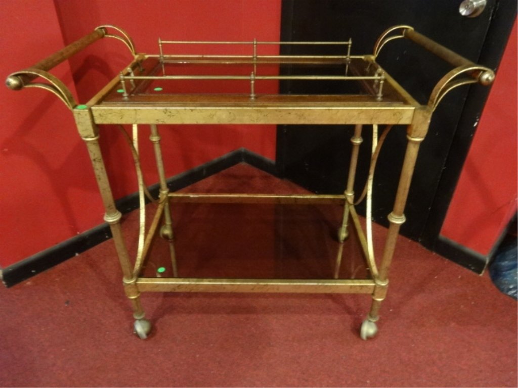 VINTAGE BRASS AND GLASS BAR CART, REMOVABLE SERVING (1 of 8)