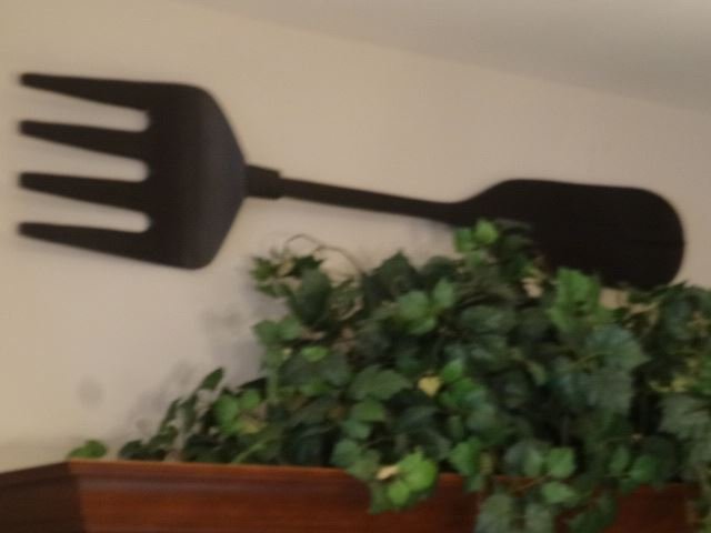 LARGE CARVED WOOD SPOON AND FORK APPROX 32"W; NOTE: (1 of 2)