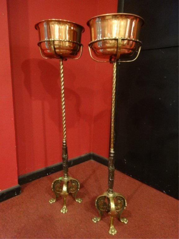PAIR LARGE BRASS AND COPPER JARDINERES, COPPER PLANTERS (1 of 7)