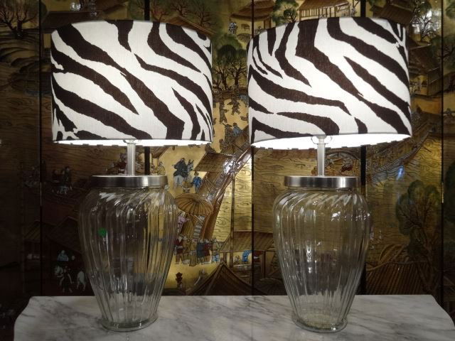 PAIR CONTEMPORARY ZEBRA SHADE LAMPS, CLEAR GLASS BASES (1 of 7)