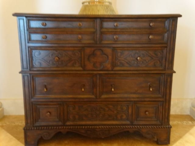 THOMASVILLE CARVED WOOD 5 DRAWER CHEST, LABELED: THOMASVILLE CARVED WOOD 5 DRAWER CHEST, LABELED THOMASVILLE, APPROX 3.5'W