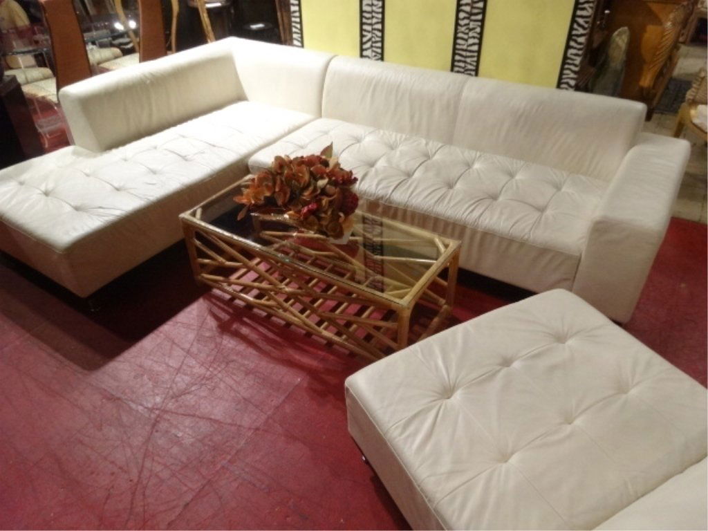 3 PC MODERN WHITE LEATHER SECTIONAL SOFA, TUFTED SEAT, (1 of 9)