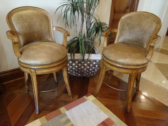 PAIR FRENCH STYLE LEATHER BAR STOOLS, SWIVEL SEATS, (1 of 6)
