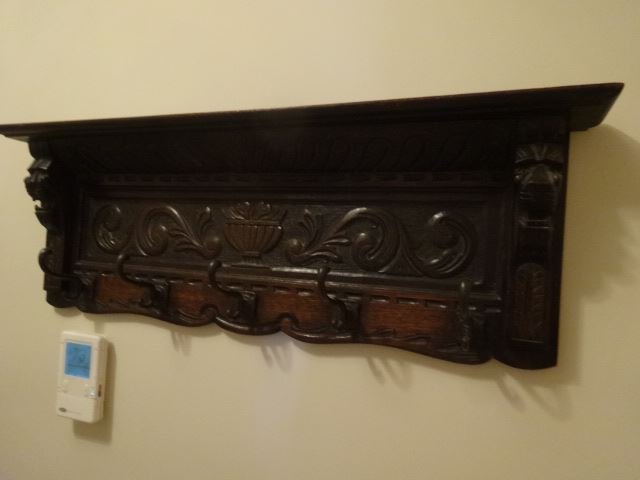 CARVED WOOD COAT RACK WITH CARVED LION'S HEADS AND URN, (1 of 6)