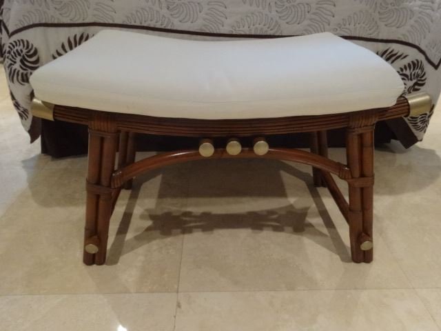 RATTAN AND WOOD BENCH WITH BRASS ACCENTS, BEIGE (1 of 4)