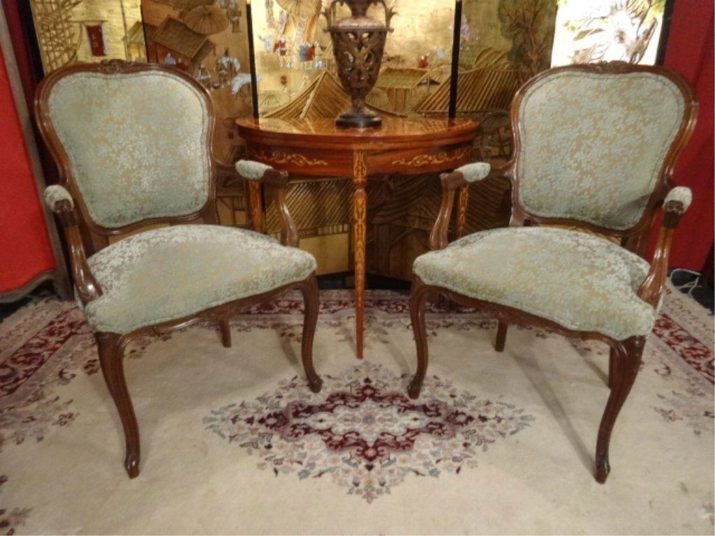 PAIR LOUIS XV SYLE FAUTEUIL ARMCHAIRS, CARVED WOOD (1 of 10)