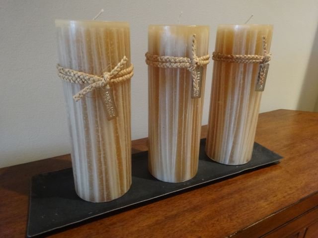 METAL CANDLE HOLDER WITH 3 PILLAR CANDLES, APPROX 10"W; (1 of 4)