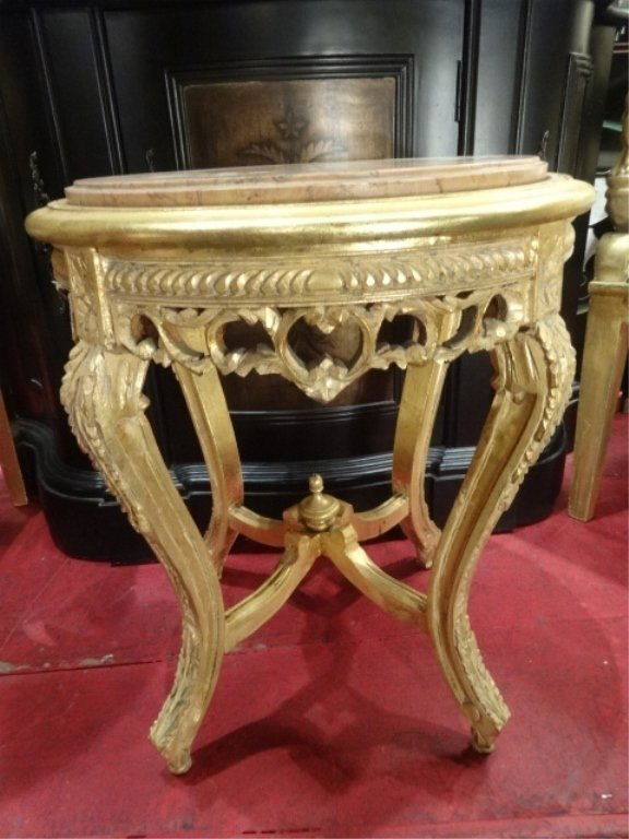 LOUIS XV STYLE TABLE, BEVELED MARBLE TOP, APPROX 15"W, (1 of 7)