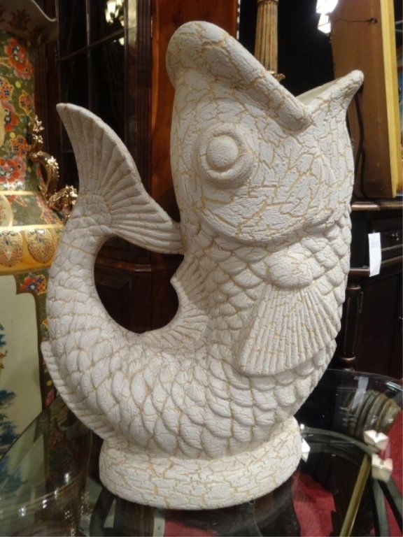 LARGE ART POTTERY FISH FORM VASE, WHITE CRAQUELURE (1 of 6)