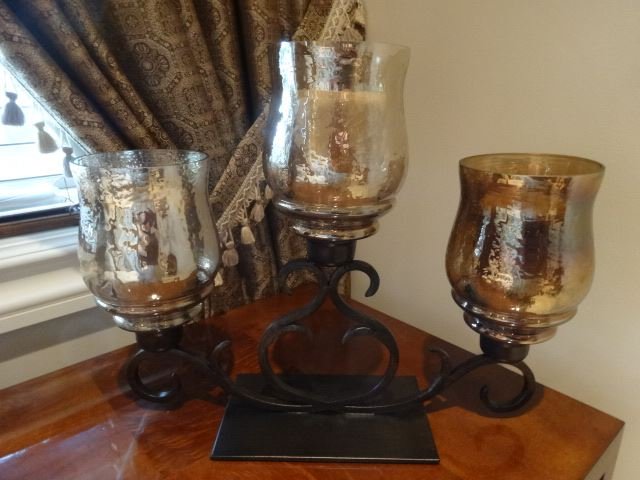 METAL AND GLASS CANDELABRA, 3 LIGHTS, GOLD GLASS (1 of 4)