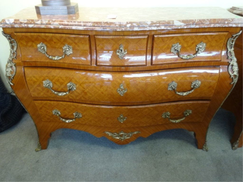 LOUIS XV STYLE BOMBE CHEST, MARBLE TOP, GILT METAL (1 of 10)