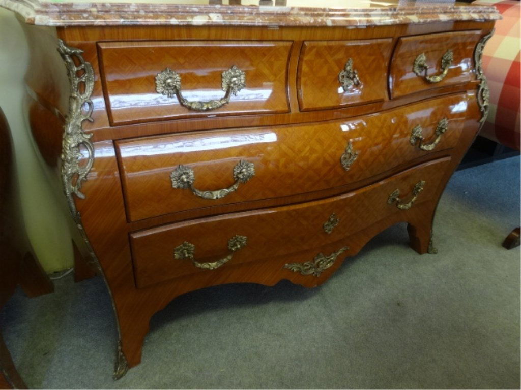 LOUIS XV STYLE BOMBE CHEST, MARBLE TOP, GILT METAL (1 of 9)